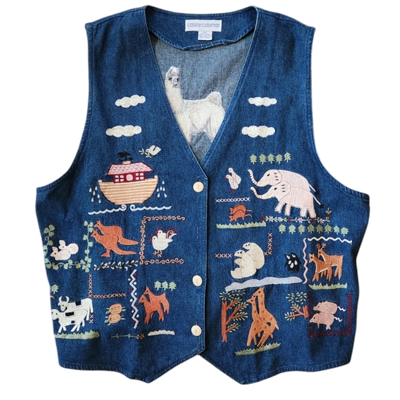 Vintage Jackets & Blazers - Vintage Casey Coleman Noah's Ark Animals Denim Vest 2X India